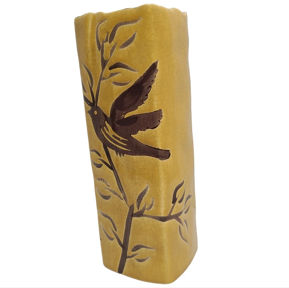 Vintage Bird Tree Hand Painted Tall Rectangular Vase Flower Vase Unique Boho